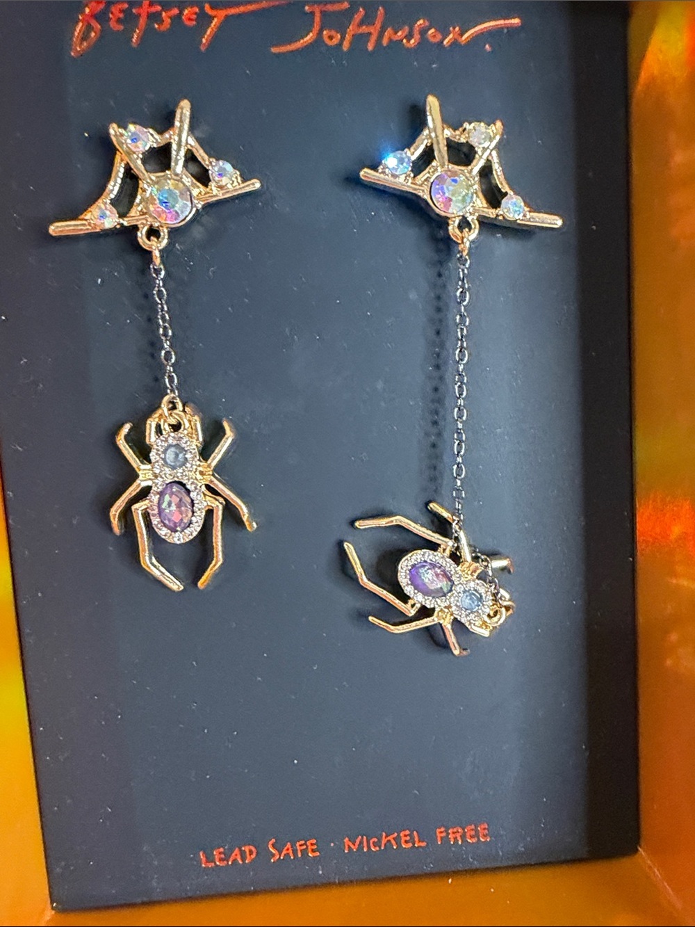 Betsey Johnson Gold Spider Dangle Earrings with Pink and Clear Crystals